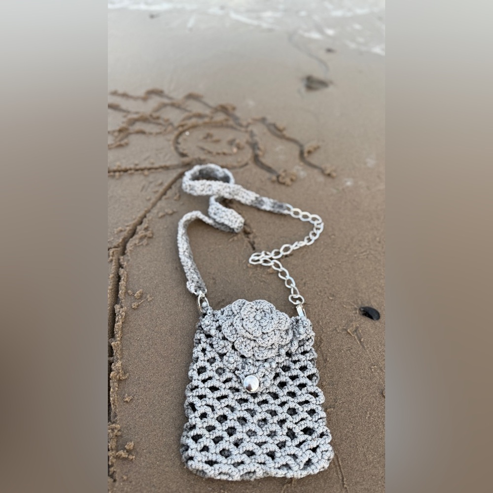 Gray Handmade Crochet Crossbody/Shoulder Bag – Adjustable Strap - Picture 10 of 11